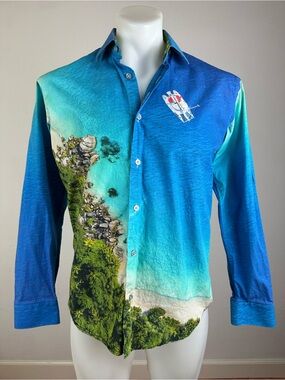 Maceoo Men's Blue Coastal Print Long-Sleeve Button-Down Shirt